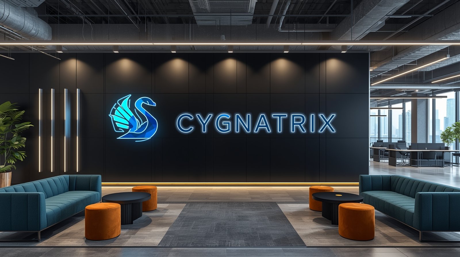 Cygnatrix modern office space with teal sofas and orange accents